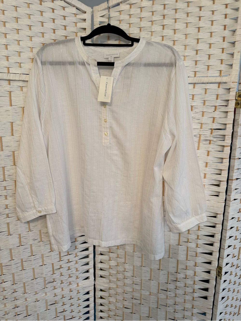 Charter Club White Metallic Striped Cotton Henley Tunic XXL